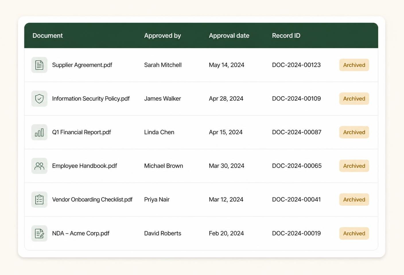 Document records preview listing demo documents and their status