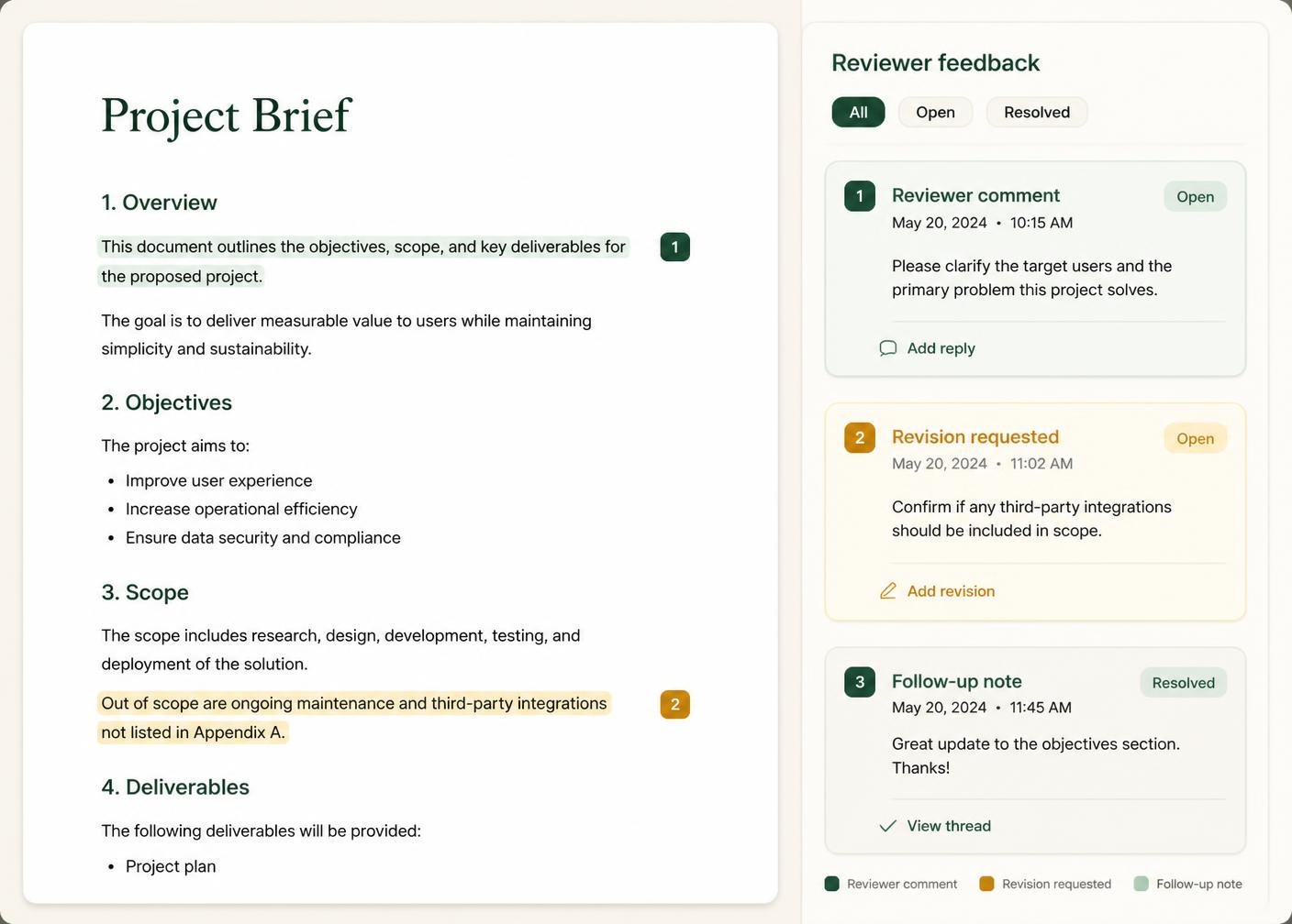 Reviewer feedback panel preview with comments and requested changes