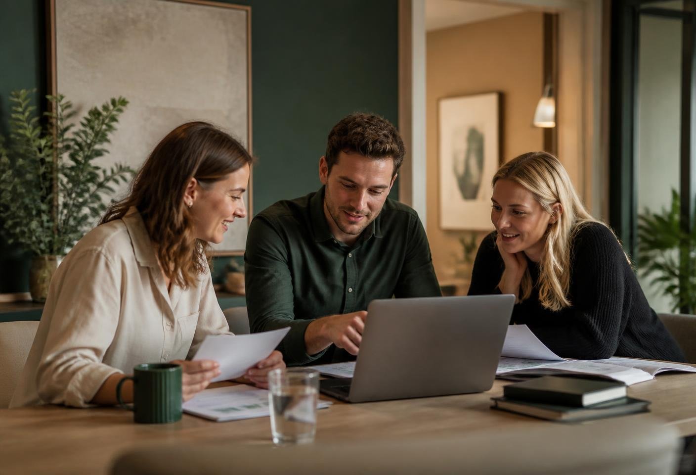 A small team reviewing a document together on a laptop