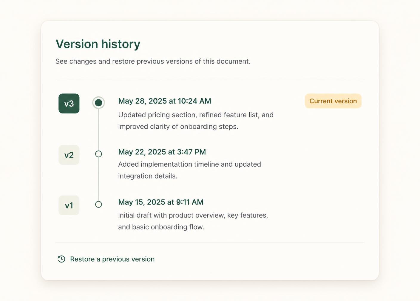 Version history preview listing document versions and change notes
